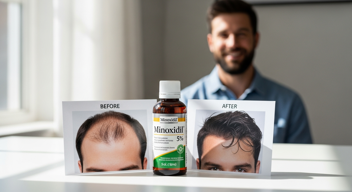 Man examining hair loss in mirror with minoxidil treatment bottle displayed