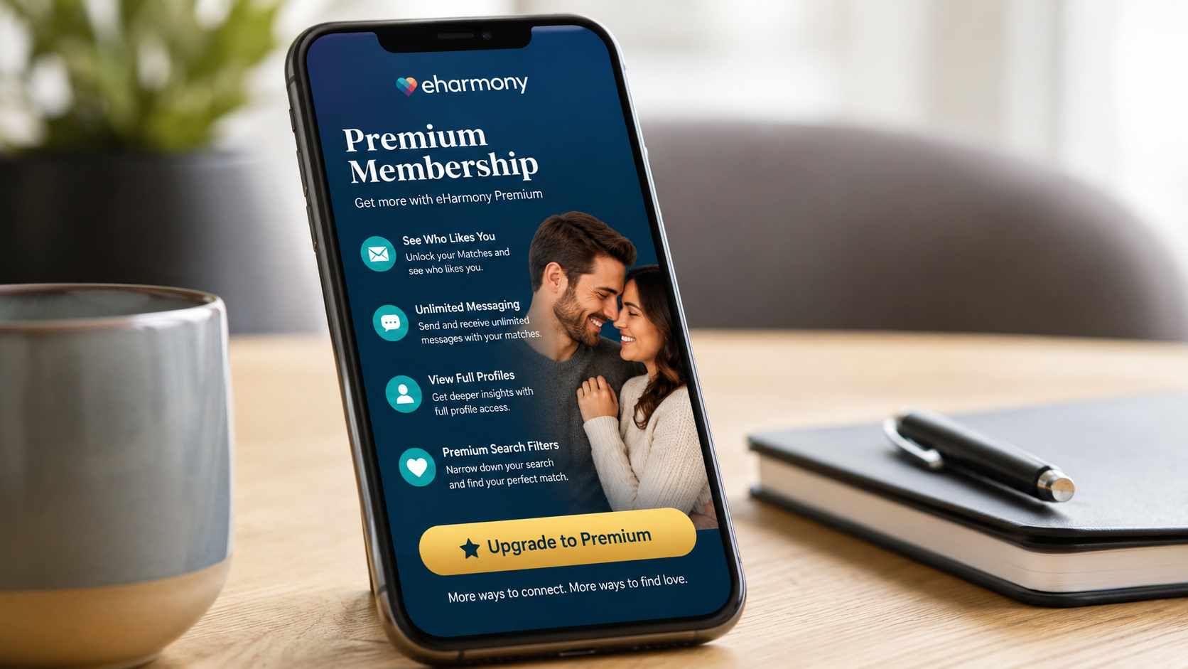 eHarmony Premium Membership displayed on a smartphone screen, showcasing premium dating features like unlimited messaging, profile access, and advanced search filters in a modern workspace.