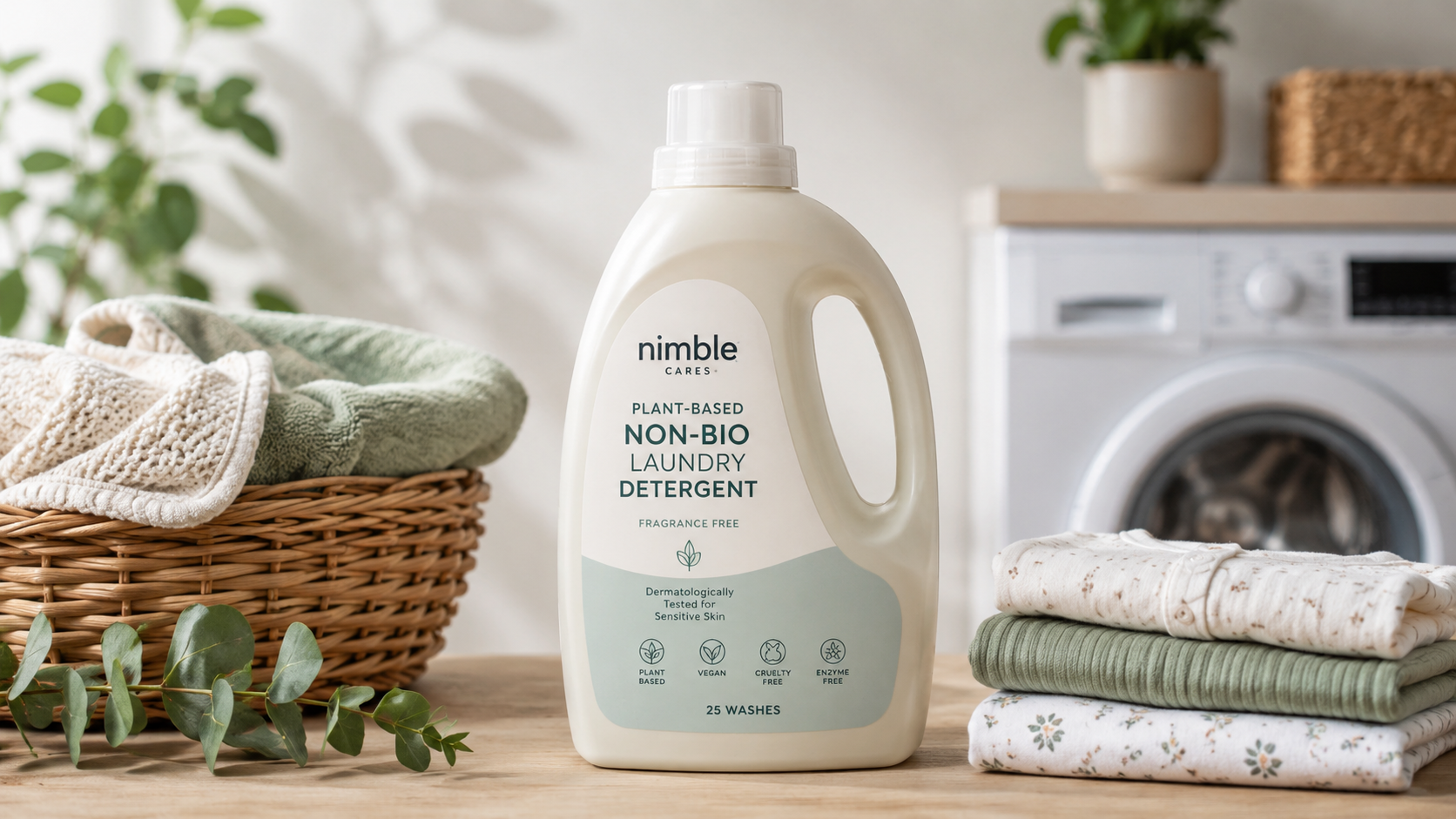 Nimble Cares Plant-Based Non-Bio Laundry Detergent bottle displayed in a modern laundry room with folded clothes, eco-friendly detergent for sensitive skin and baby laundry.