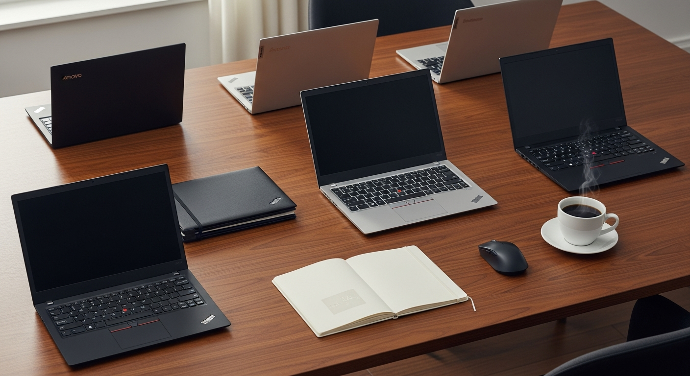 Refurbished Lenovo business notebook displayed on desk with remote work setup