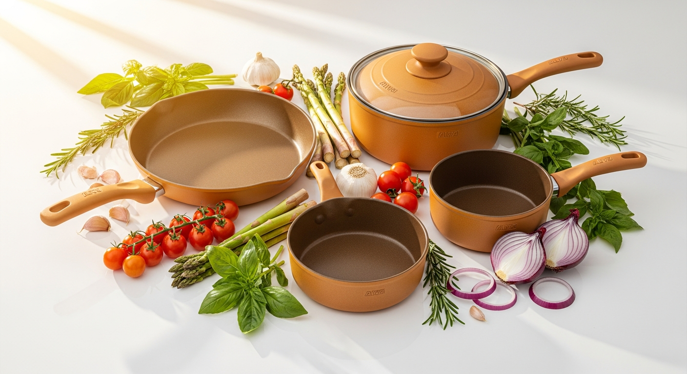 Alva Maestro Ceramic Nonstick Cookware Set displayed with multiple pans and lids