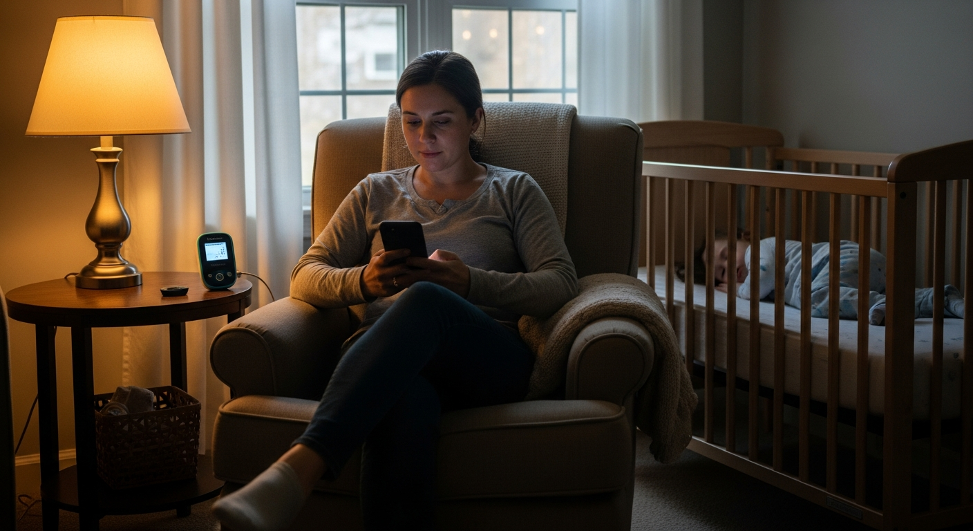 Parent monitoring child's glucose levels on smartwatch using NightRider Blucon transmitter