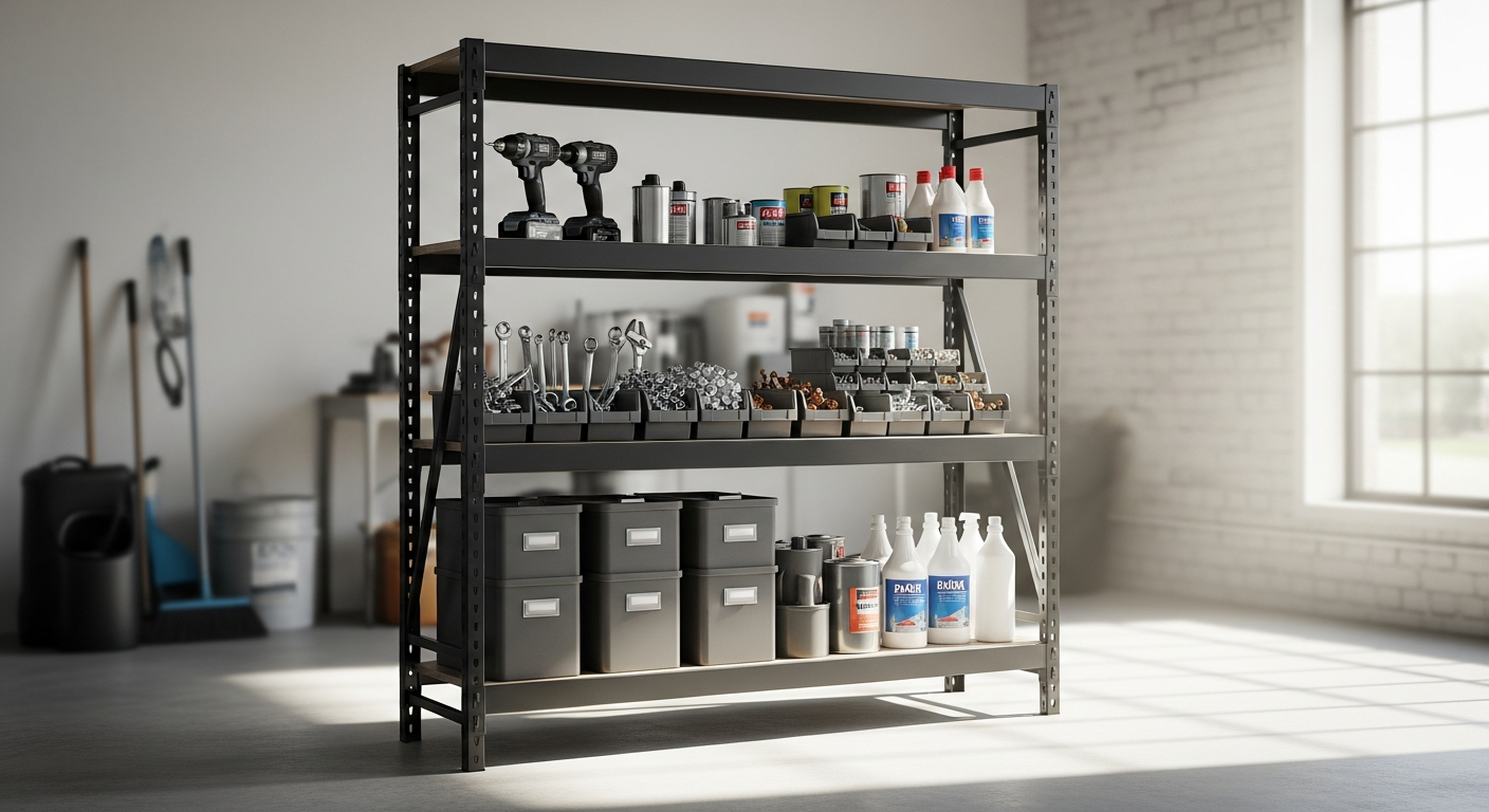 Armadillo Tough Collapsible 4-Tier Metal Shelf with wheels fully assembled in garage
