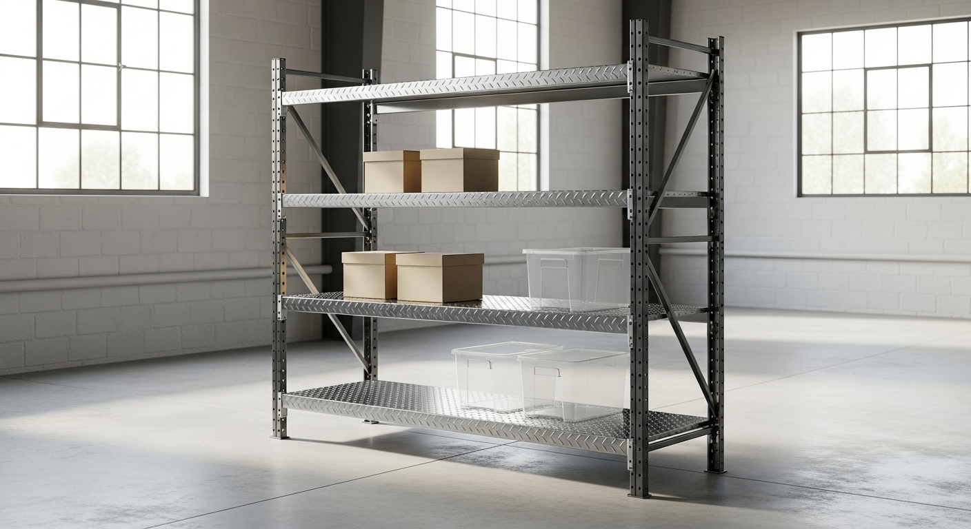 Armadillo Tough Collapsible 4-Tier Metal Shelf in garage storage setup