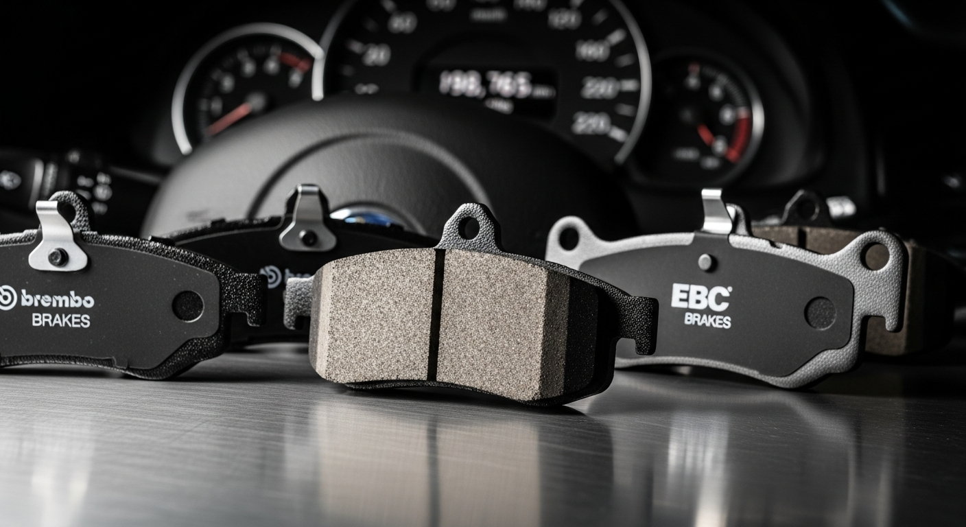 Premium performance brake pads displayed with ceramic and semi-metallic compounds for vehicles
