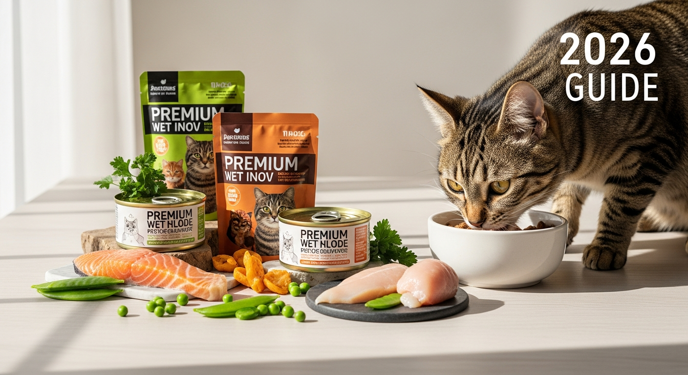 Meowing Heads Paw Lickin' Chicken wet cat food pouches displayed with fresh chicken and beef ingredients