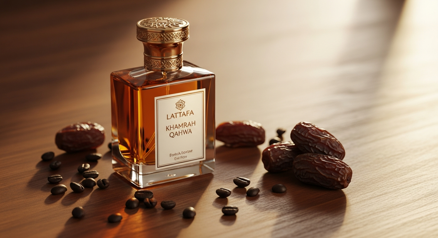 Lattafa Khamrah Qahwa Eau de Parfum bottle with warm spiced oriental fragrance