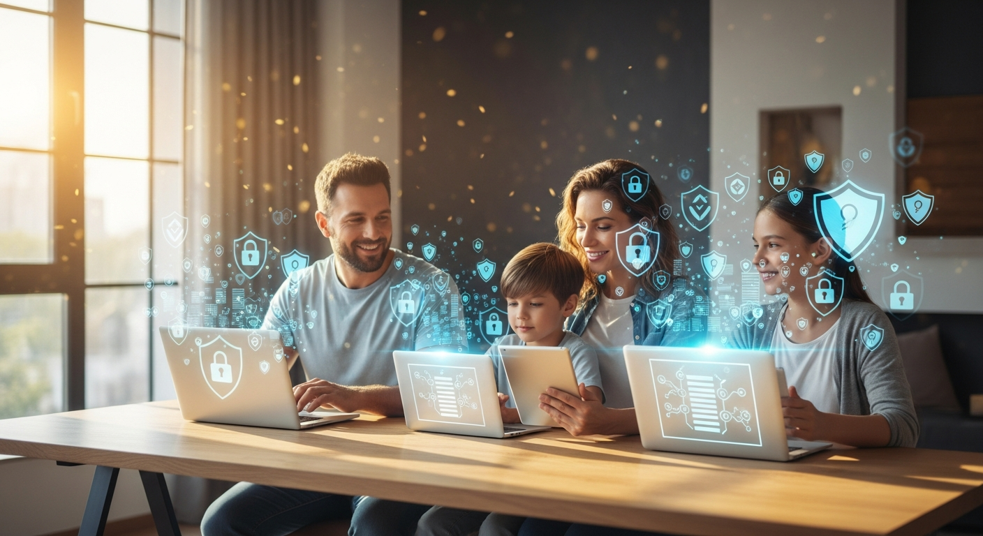 Family protecting their digital identity with cybersecurity protection on devices
