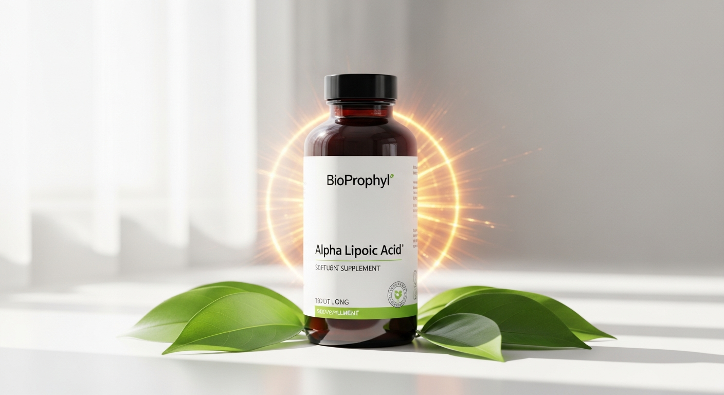 BioProphyl Alpha Lipoic Acid Capsules bottle with German manufacturing certification and premium supplement branding