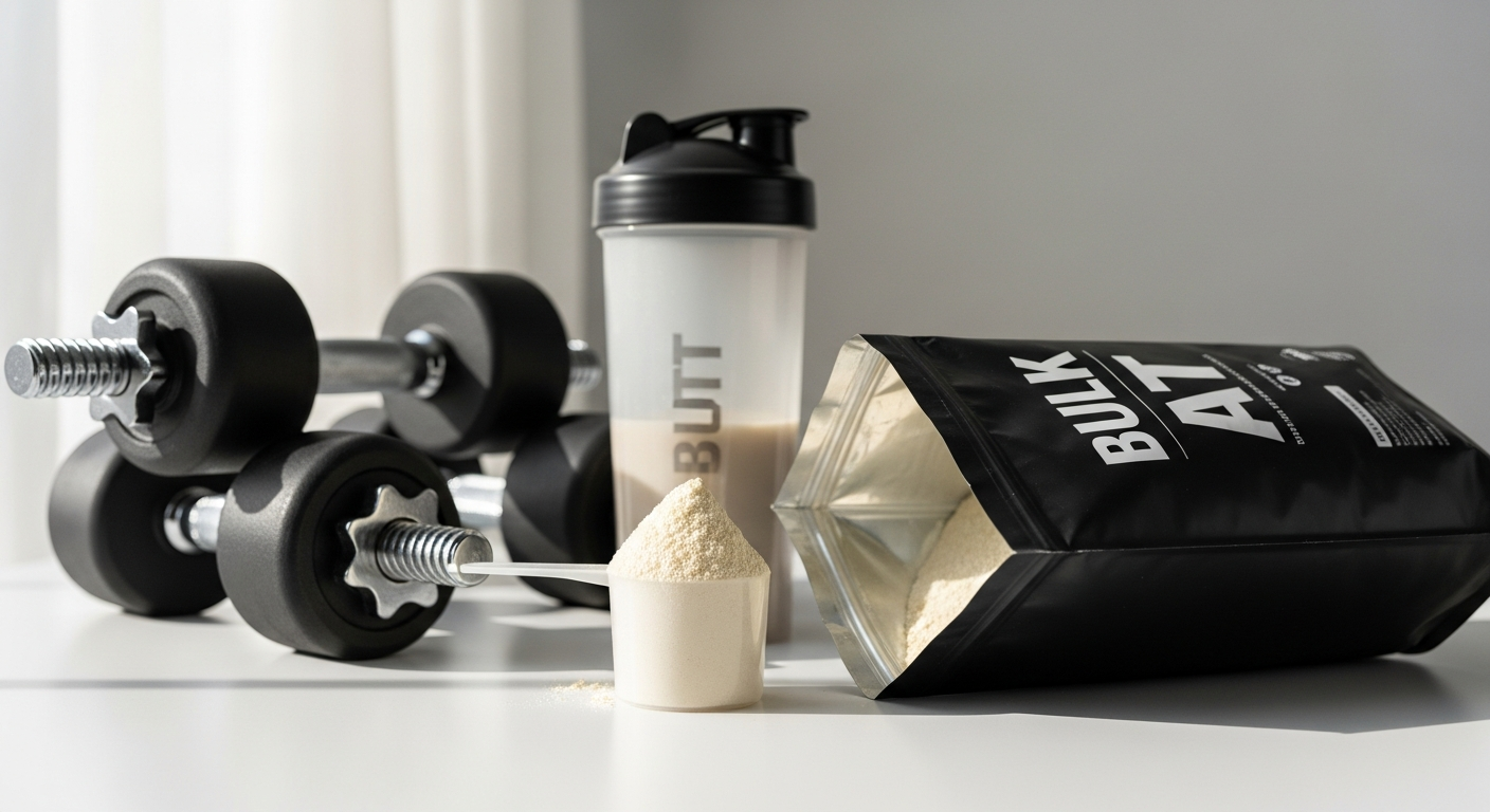 Bulk Pure Whey Protein Powder scoop with white powder on blue background