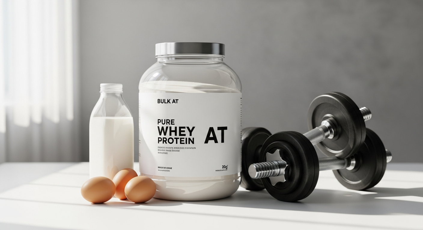 Bulk Pure Whey Protein Powder container with scoop and mixed shake beverage