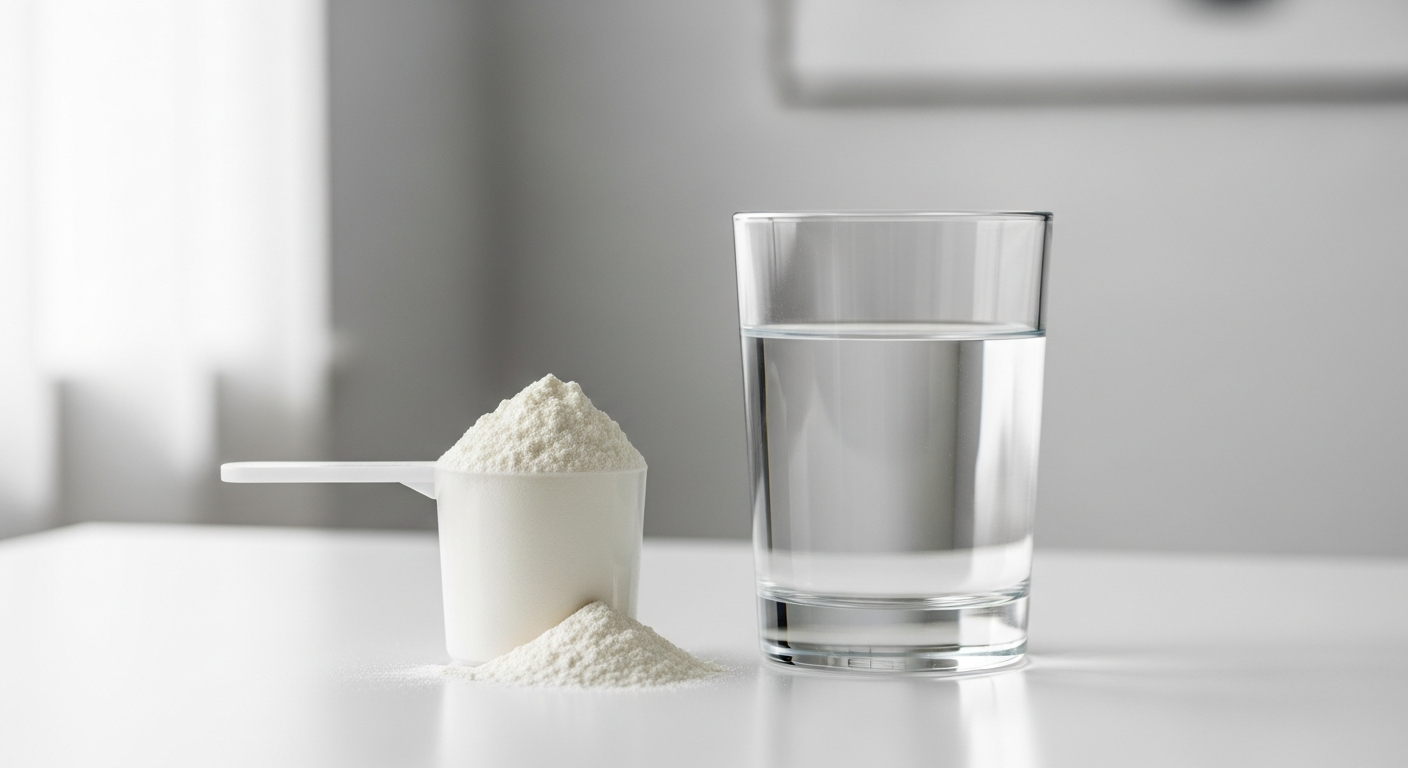 Bulk Creatine Monohydrate powder container with scoop on white background