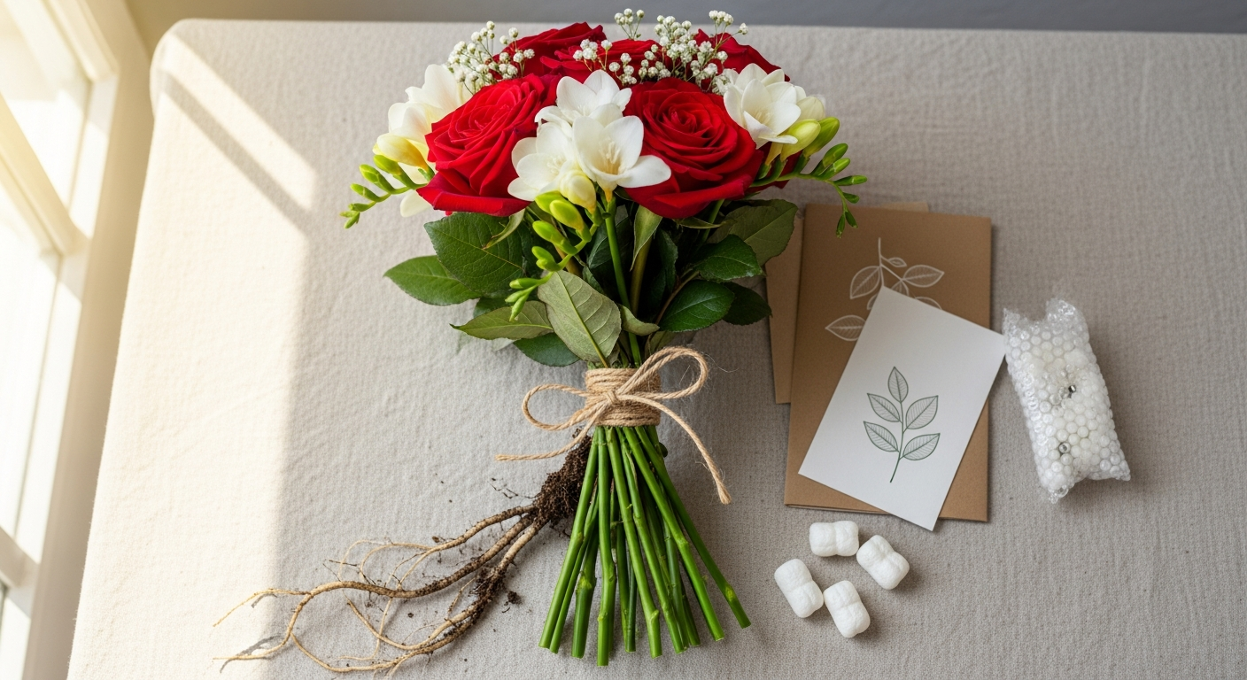 Classic Roses and Freesias Bouquet in elegant hand-tied arrangement with sustainable sourcing