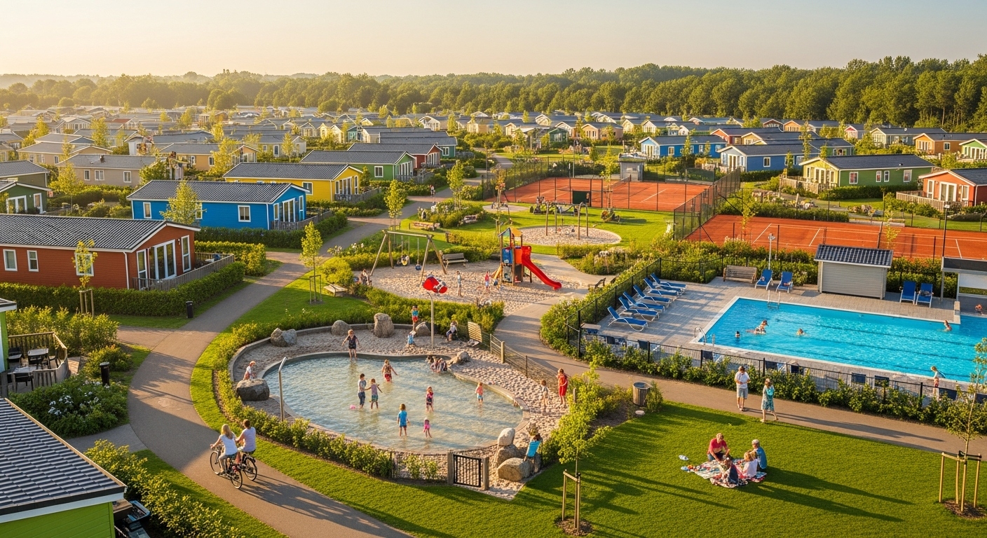 Colorful holiday park bungalows nestled among trees with families enjoying outdoor activities