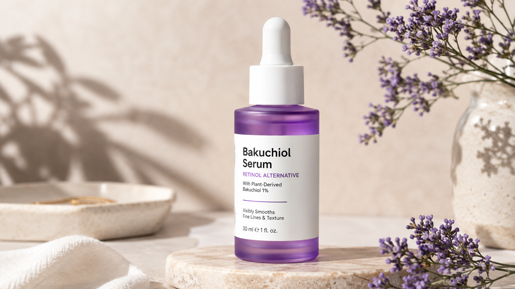 Bakuchiol serum in a frosted purple dropper bottle on a marble pedestal with lavender flowers, a spa-inspired background, and soft natural lighting for anti-aging skincare.