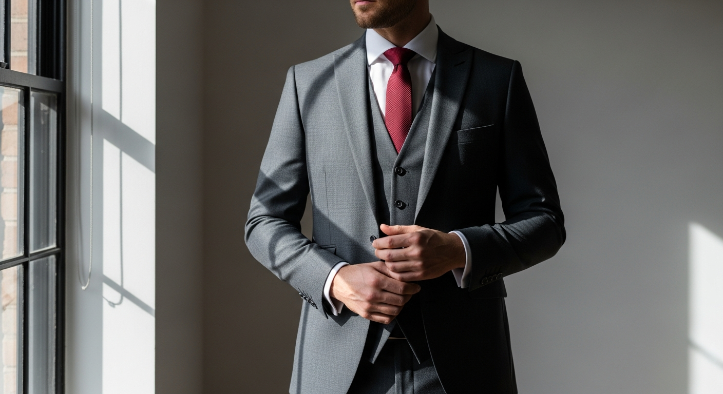 Professional man wearing Cloudstyle slim fit three piece suit at business conference