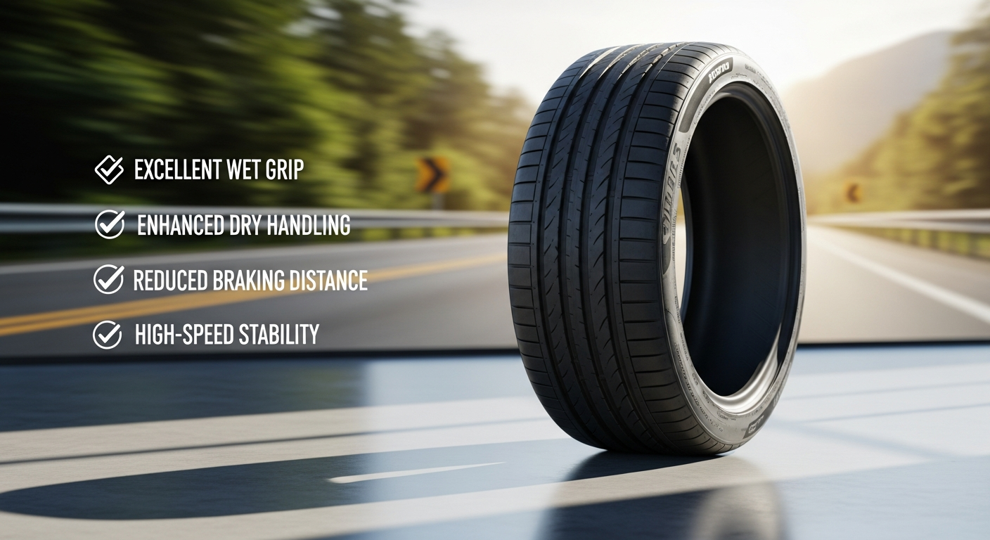 Close-up of premium summer car tire tread pattern on wet road surface