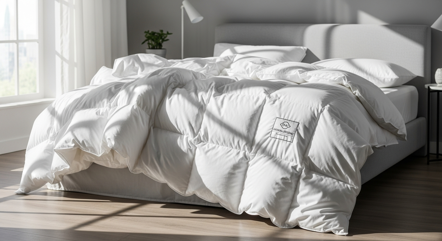 Daunenstep D400 Down Duvet displayed on bed with white pillows