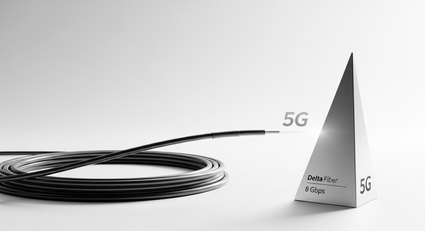 Delta Fiber Unlimited package showing fiber optic cable and 5G mobile connectivity technology