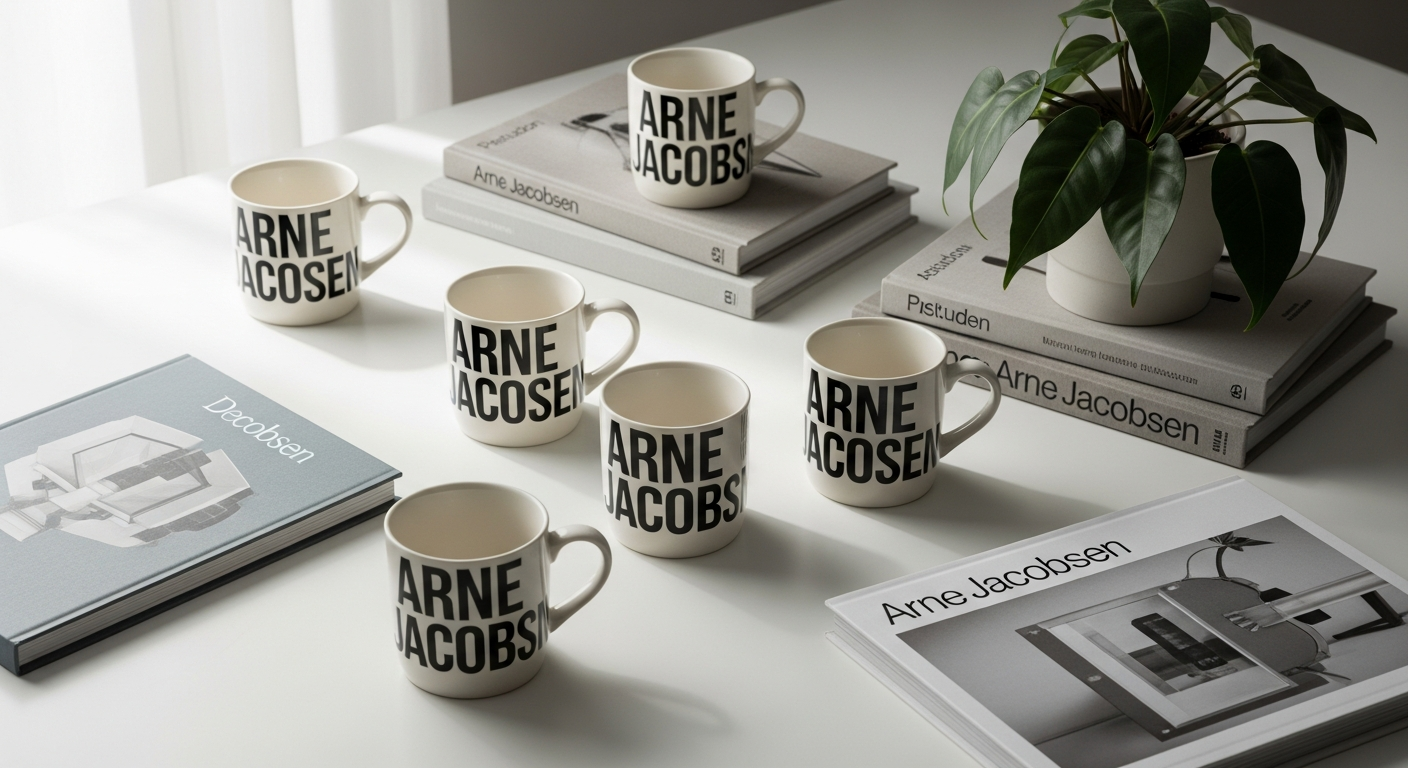 Arne Jacobsen typography letter cups in porcelain and melamine materials