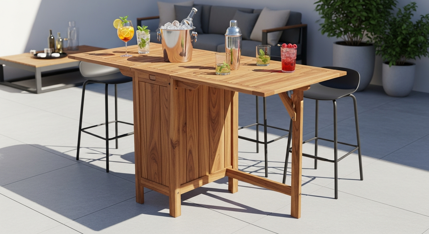 CASARIA foldable acacia wood bar table on outdoor patio with drinks