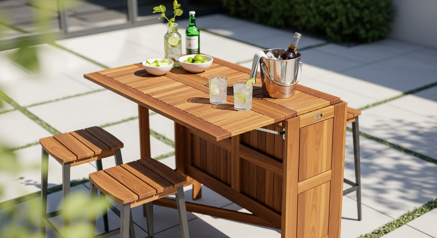 CASARIA foldable acacia wood bar table set up on a patio for outdoor entertaining