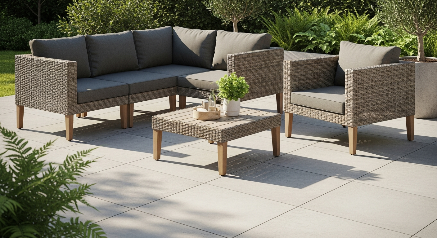 Modular rattan garden lounge set with cushions on a sunny terrace