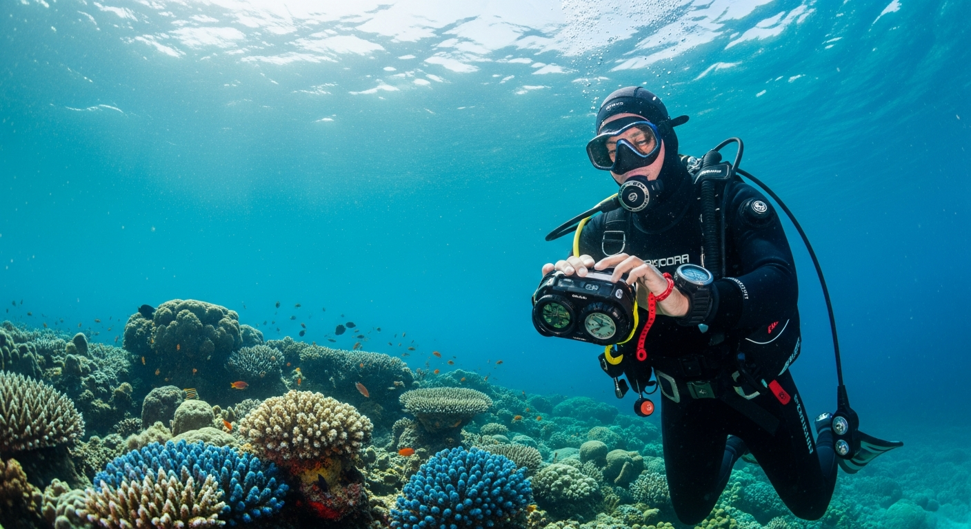 Technical diver underwater wearing advanced multi-gas dive computer on wrist during deep technical dive