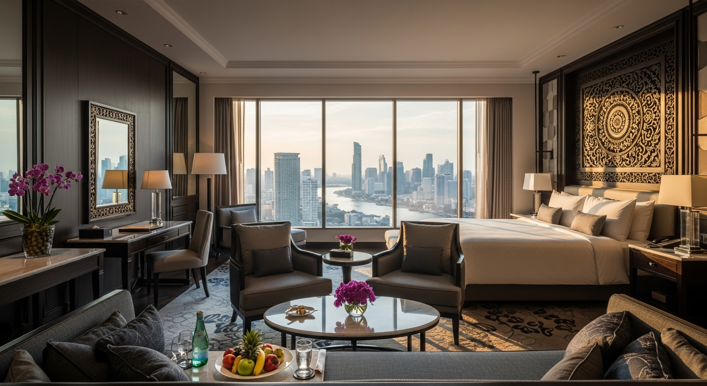 Luxury Bangkok hotel overlooking Lumpini Park with modern architecture and city skyline views