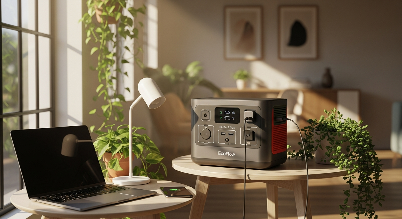 EcoFlow DELTA 3 Plus portable power station with solar panels and home backup setup