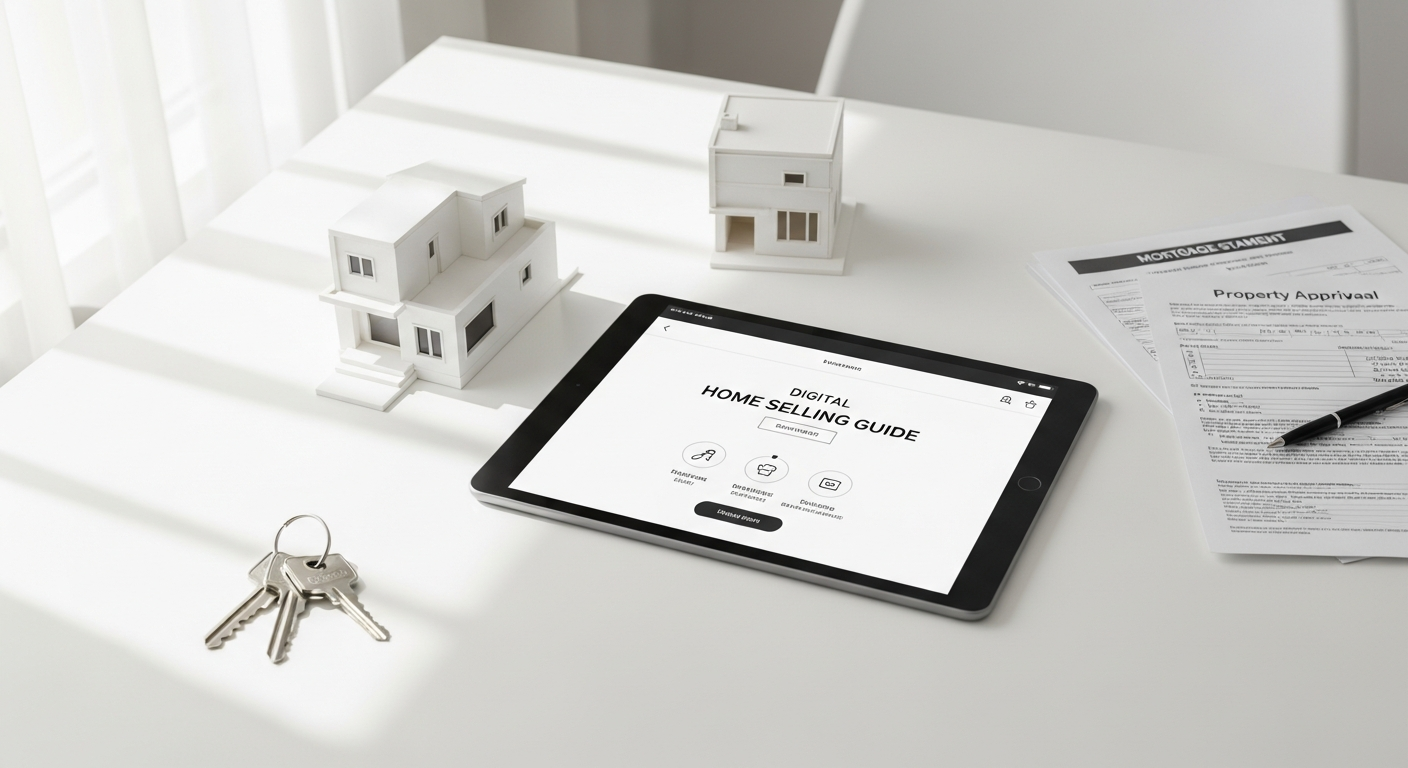 Modern laptop showing online property selling dashboard with house listing details