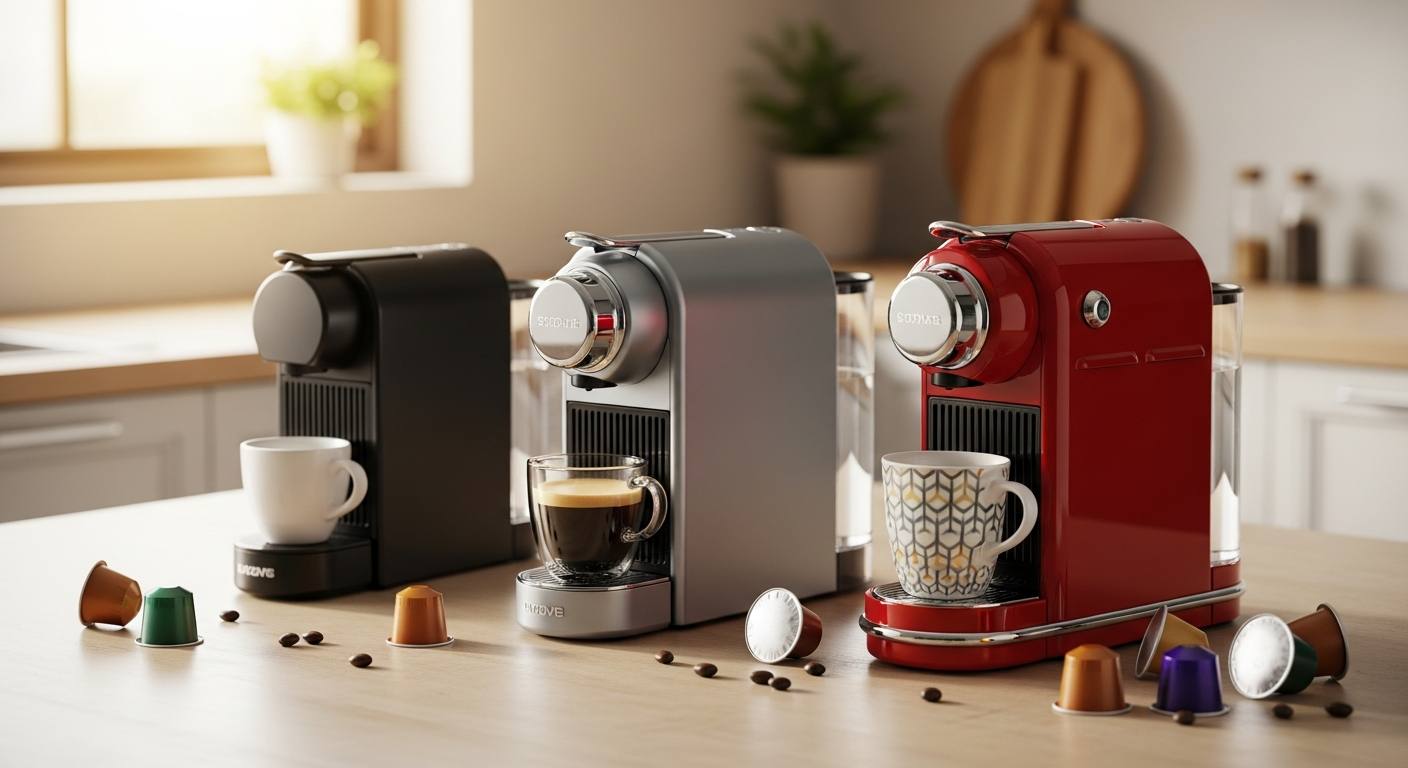 Modern pod coffee machine brewing espresso in contemporary kitchen setting