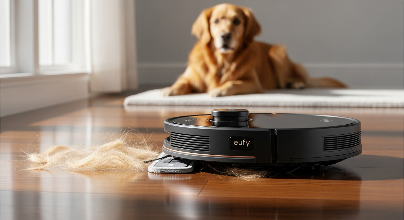 Eufy RoboVac X8 Hybrid robot vacuum mop cleaning hardwood floor with pet hair