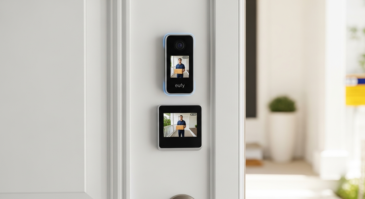 Eufy Video Doorbell Dual E340 mounted on a home entrance with dual camera system visible