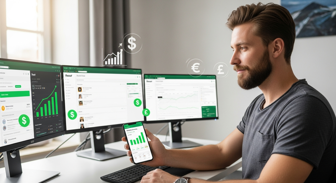 Professional freelancer working on laptop with Fiverr Pro interface displayed