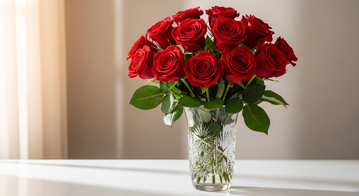 Classic red rose bouquet with ruby-red roses in elegant vase arrangement