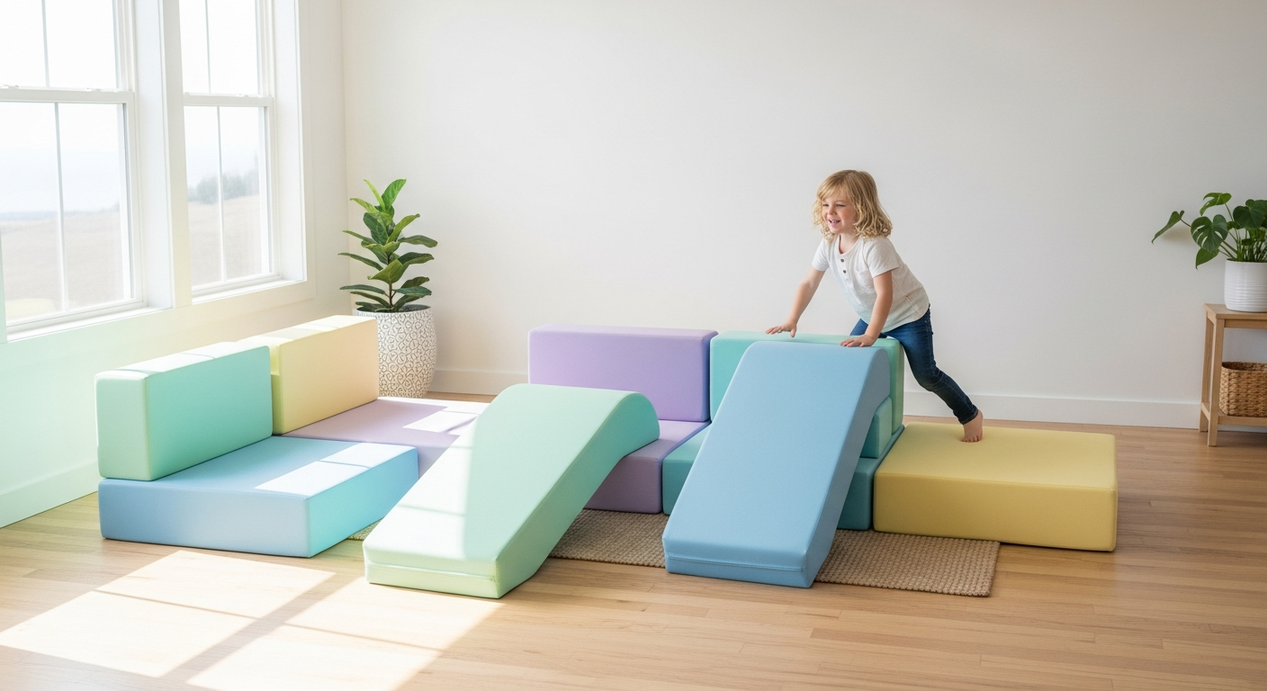 Colorful modular foam play couch pieces arranged in creative configuration