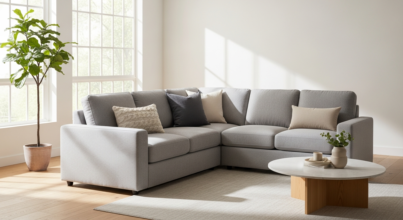 Modern grey fabric corner sectional sofa in contemporary living room setting