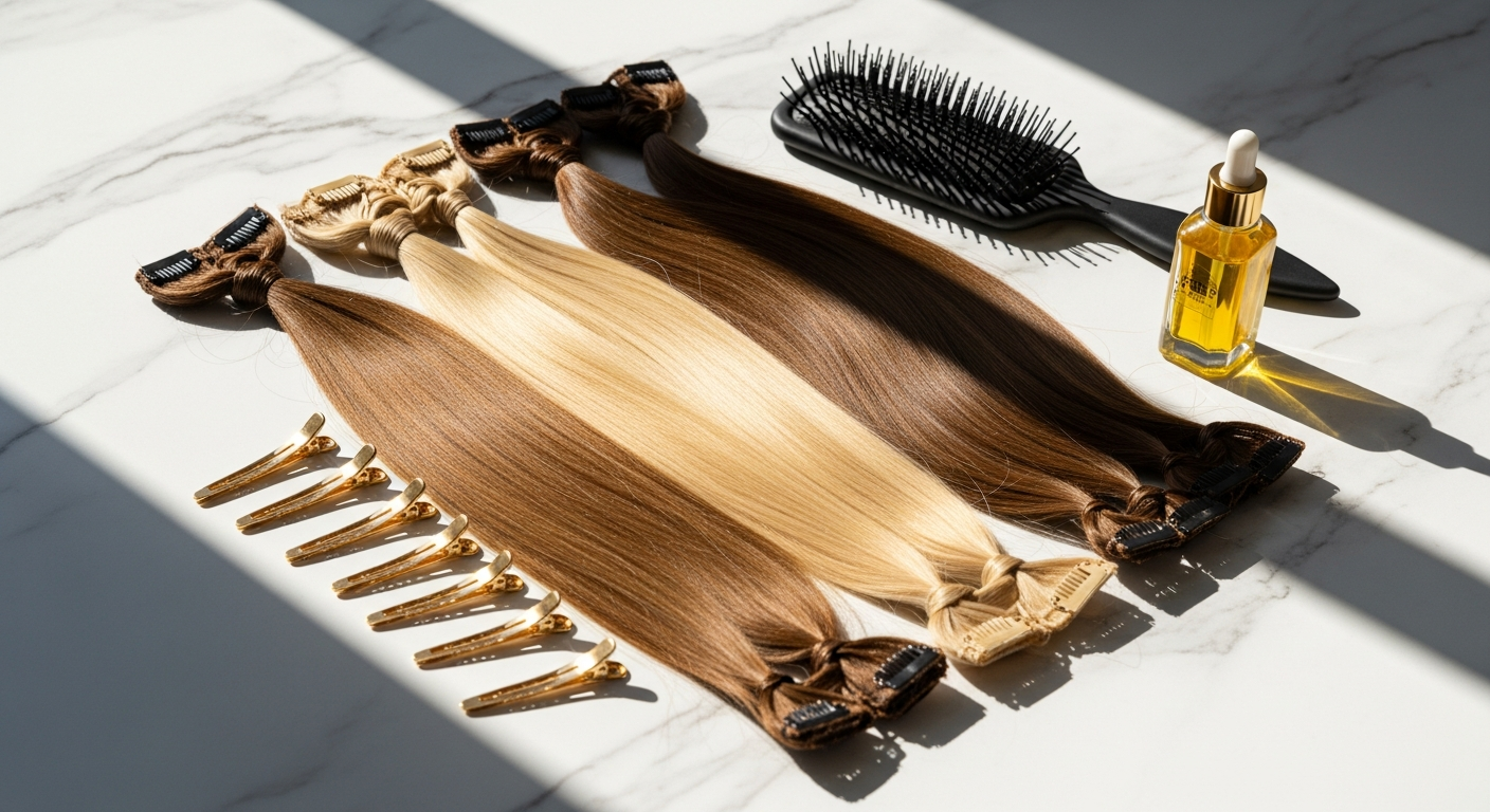 GOO GOO Hair Classic Clip-In Remy Human Hair Extensions in multiple shades and lengths displayed on styling stand