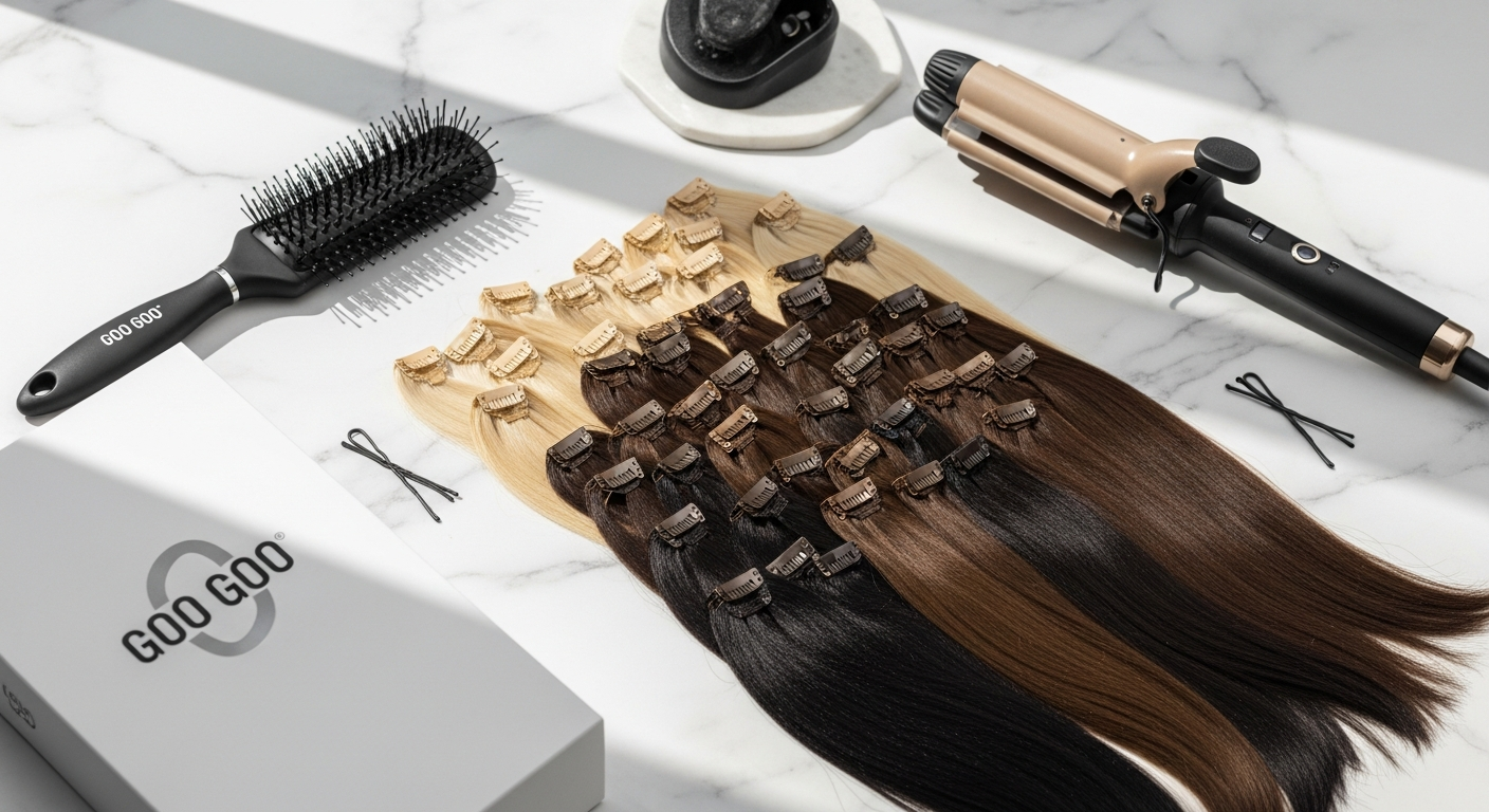 GOO GOO Hair Classic Clip-In Extensions displayed showing Remy human hair quality and multiple shade options