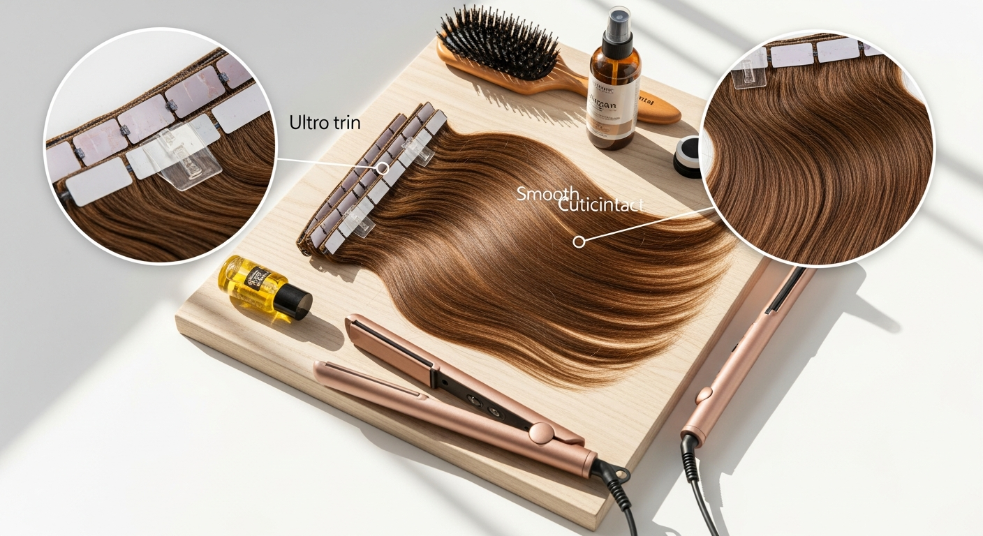 GOO GOO Tape-in Remy Human Hair Extensions displayed with styling tools and care products
