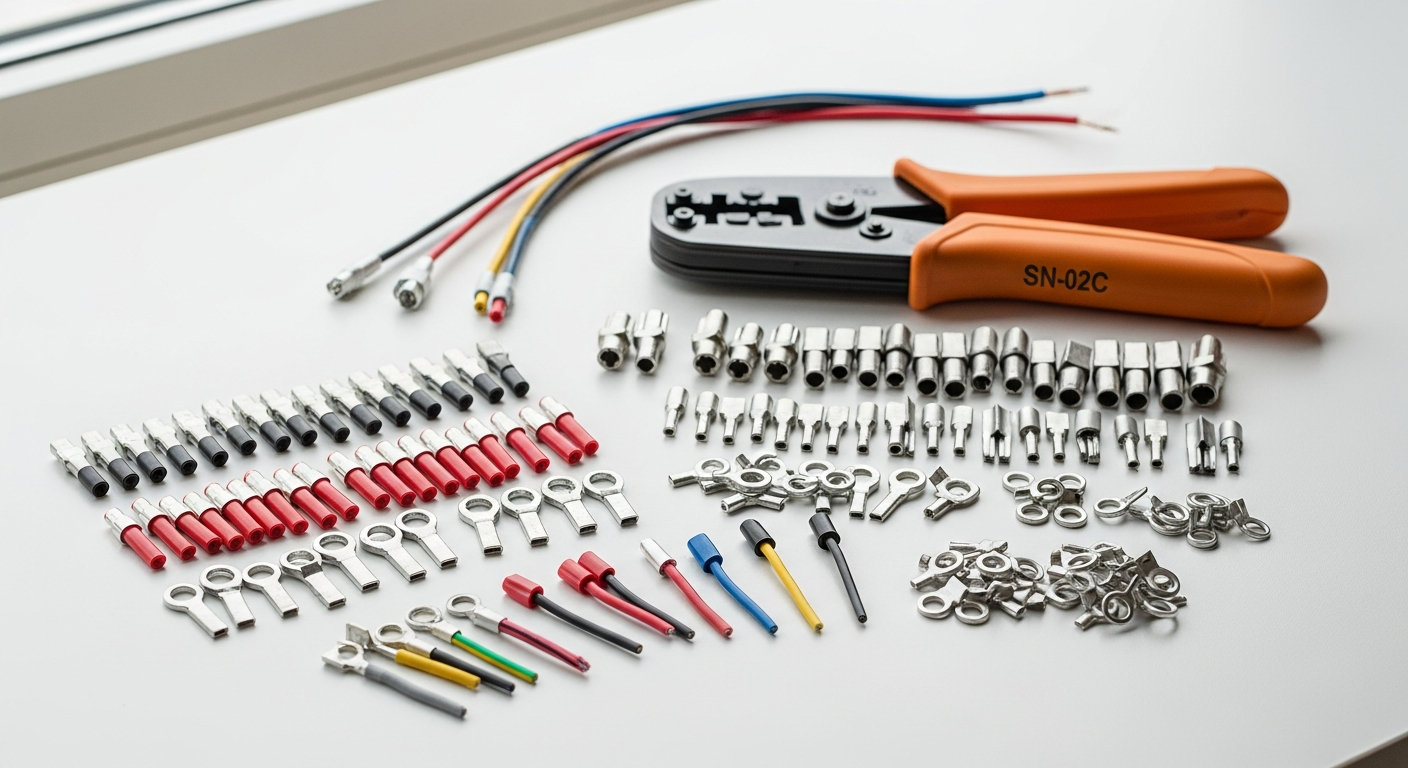 SN-02C wire crimping tool set with 280 connectors and ratcheting mechanism displayed