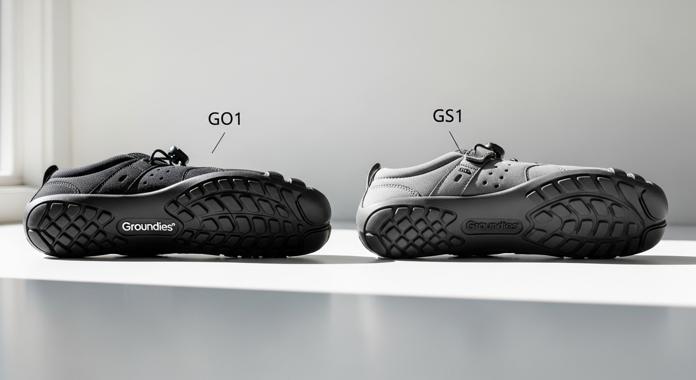 Groundies Nova barefoot sneaker showing GO1 and GS1 sole options side by side
