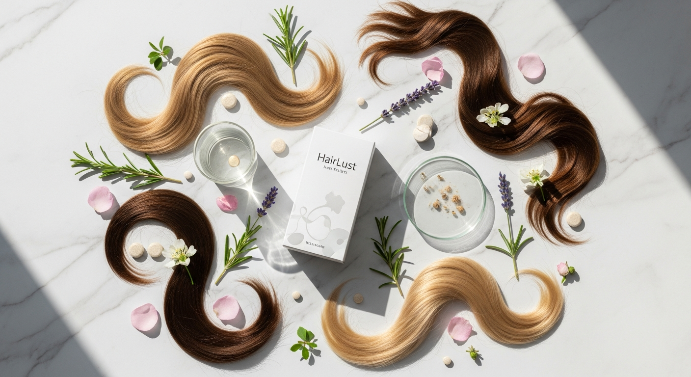 Hairlust Hair Formula Tablets for Women supplement bottle and pills