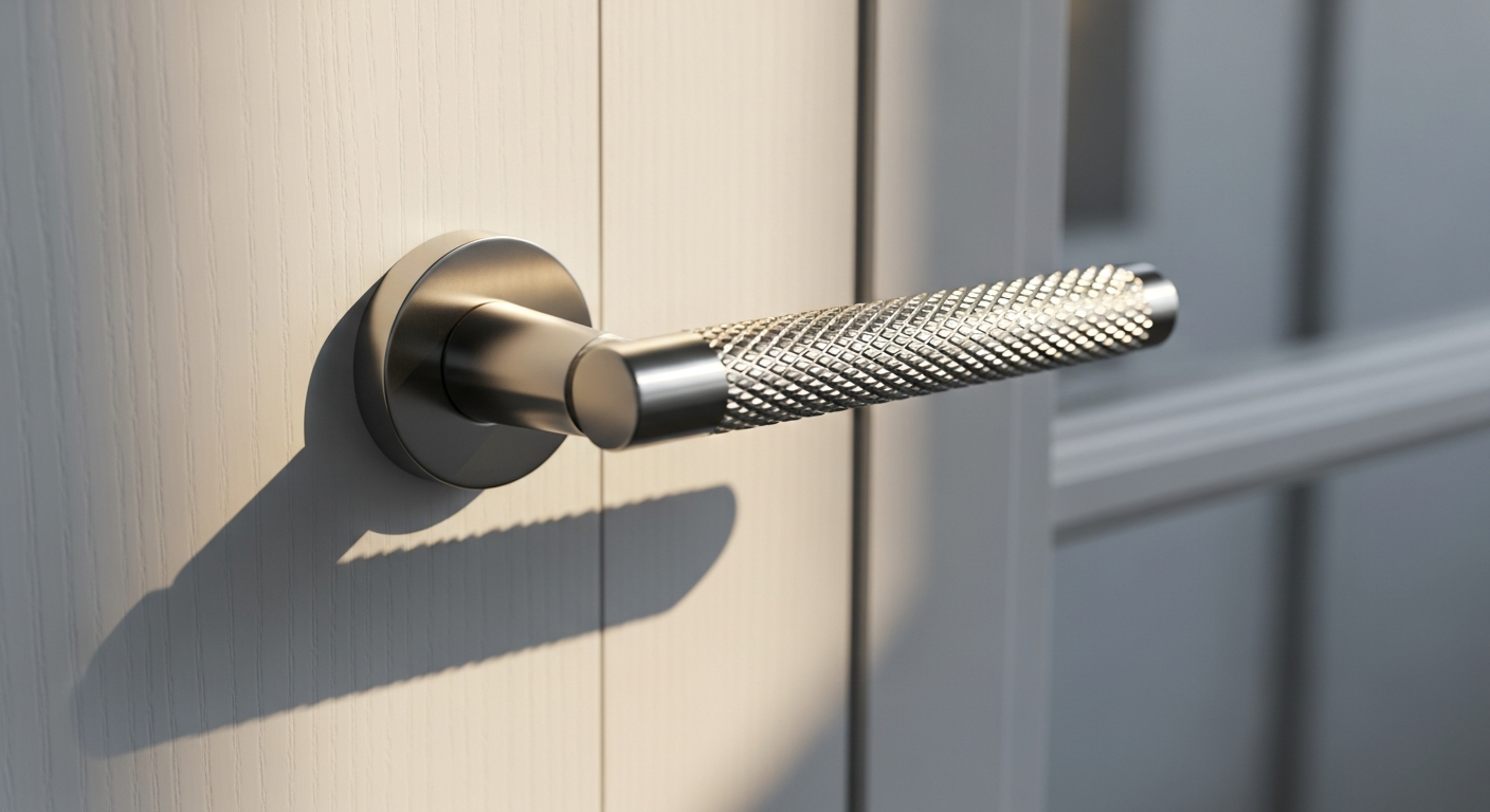 Z720 Knurled Lever Rose Door Handle with textured knurled grip and round rose for modern internal doors.