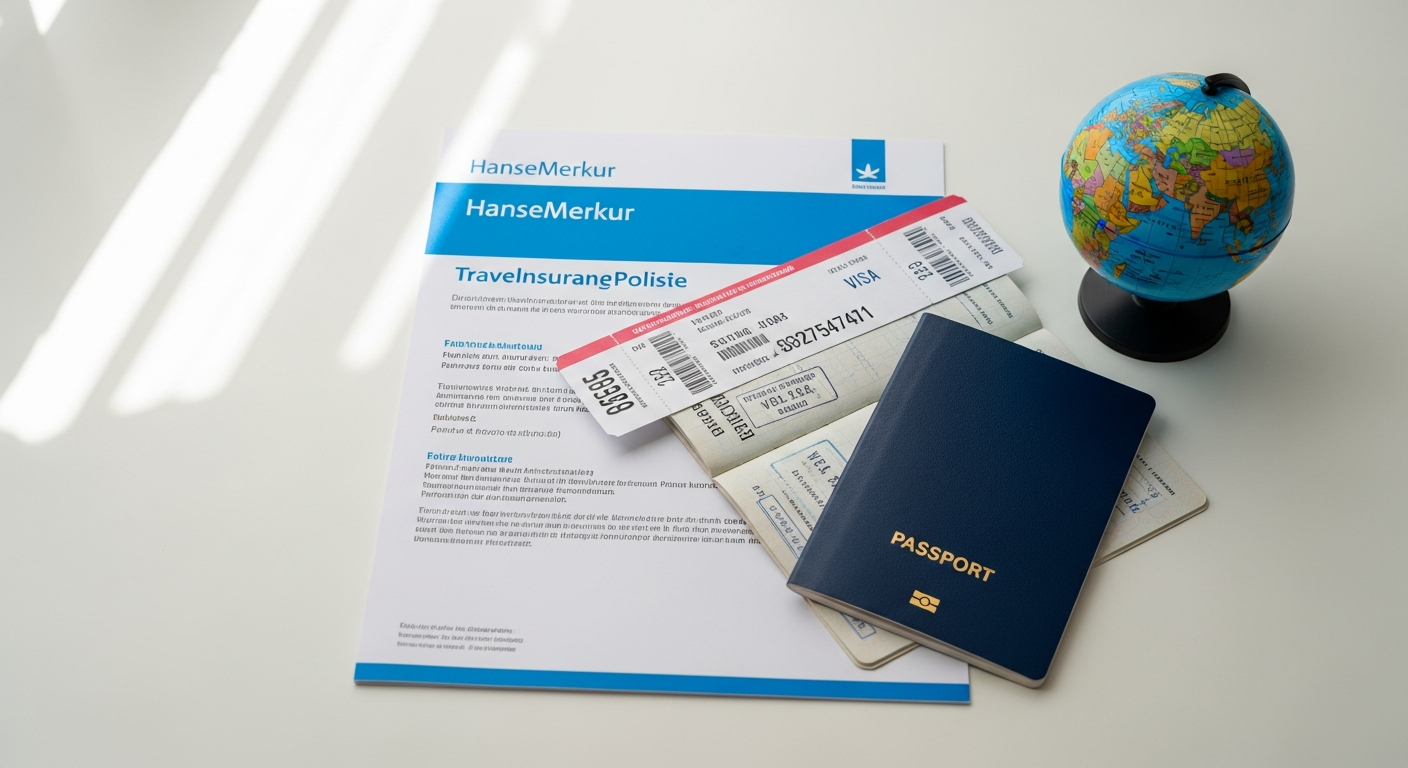 HanseMerkur Annual Travel Health Insurance policy document with passport and globe