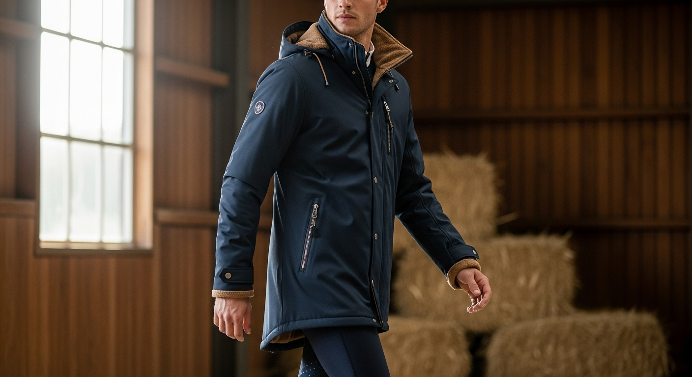 Waterproof fleece-lined outdoor activity coat for equestrians and active enthusiasts