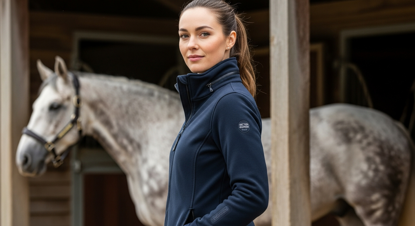 Equestrian rider wearing waterproof fleece-lined dog walking coat in rain