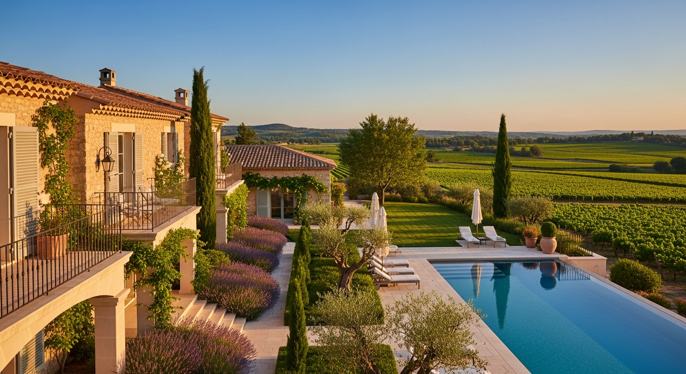 Luxury Southern France villa with pool overlooking Provence vineyards and Mediterranean landscape