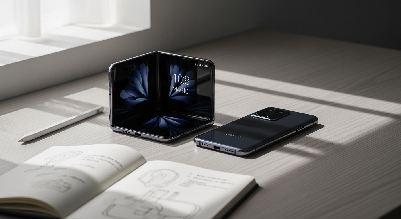 Honor Magic V5 foldable smartphone displaying dual stylus-enabled displays for creative professionals